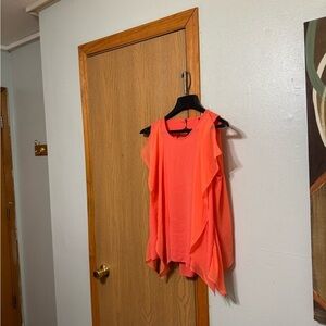 BCBGMaxazria "Ivorie" Medium Coral Pink Scoop Neck Open-Back Blouse w/Ruffles